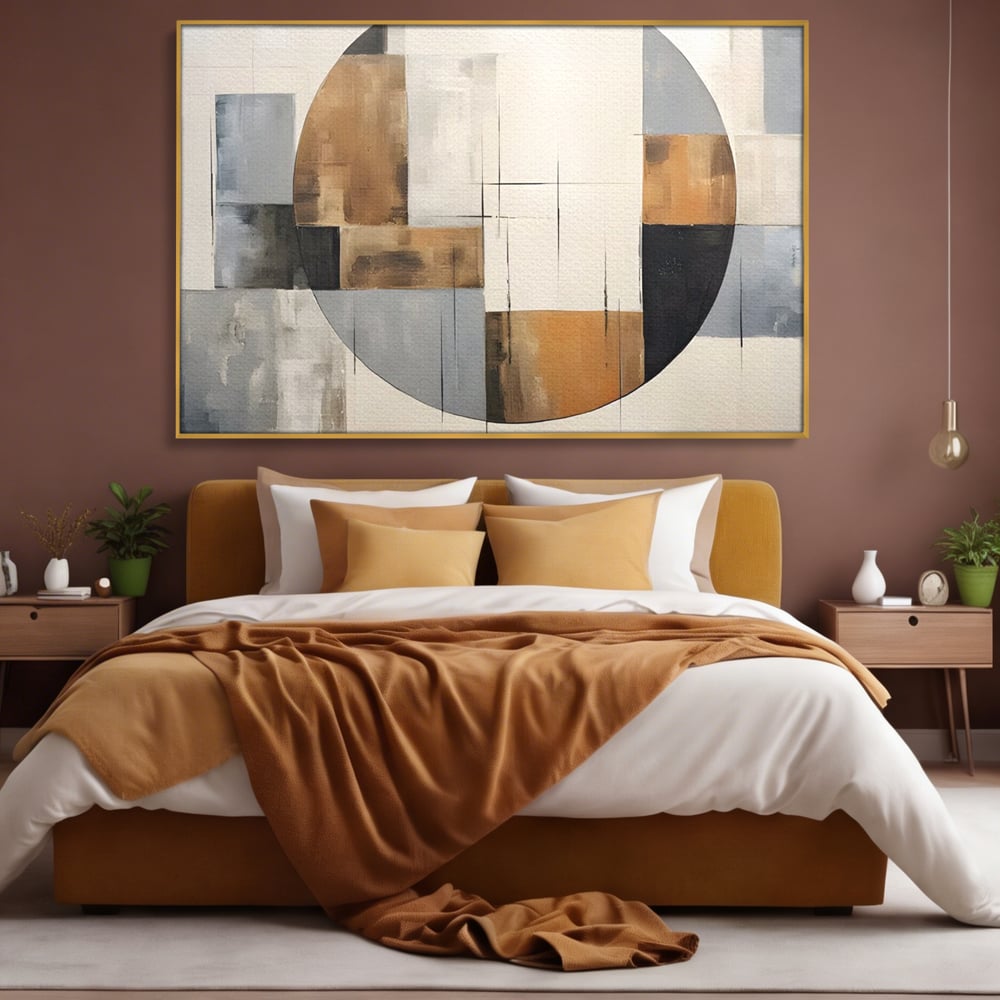 Tablou canvas cu pictura canvas cu linii negre si forme geometrice, in rama de aluminiu auriu, pe perete intr-un dormitor